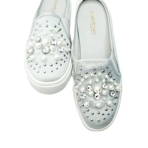 BEBE SPORT satin pearl/rhinestone platform Slip-on